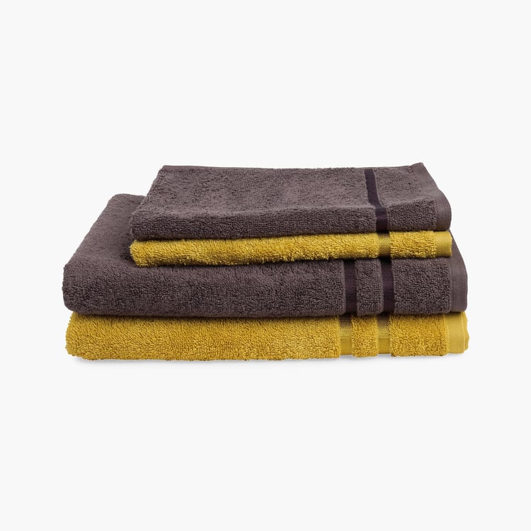 Spaces Atrium Yellow And Brown Textured Cotton Towel Set - 4Pcs