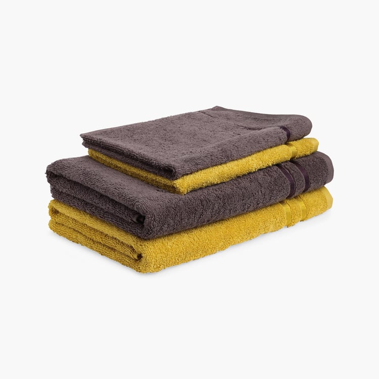 Spaces Atrium Yellow And Brown Textured Cotton Towel Set - 4Pcs