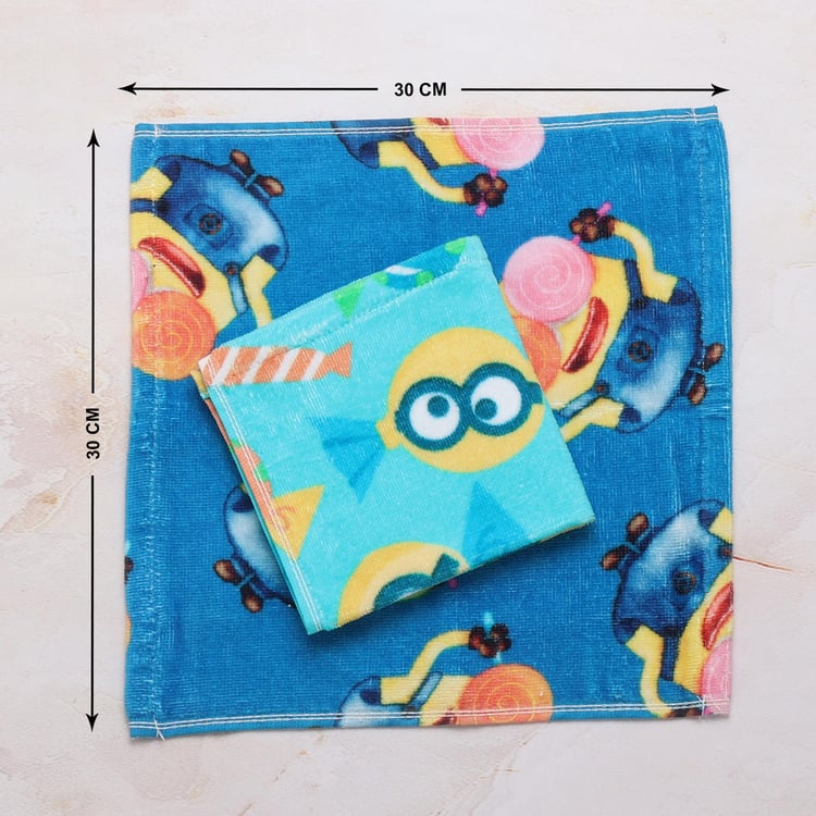 SPACES Kids Set of 2 Cotton Minion Printed Face Towels, Blue - 30x30cm