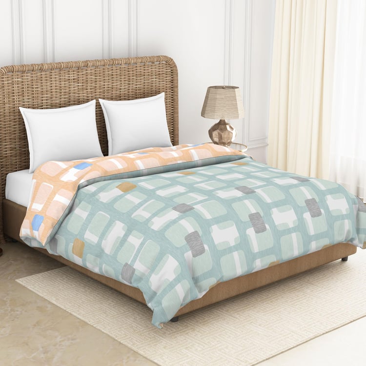 SPACES Geostance Blue Printed Cotton Double Bed Quilt - 224x270cm