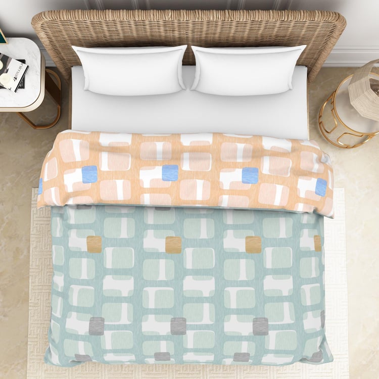 SPACES Geostance Blue Printed Cotton Double Bed Quilt - 224x270cm