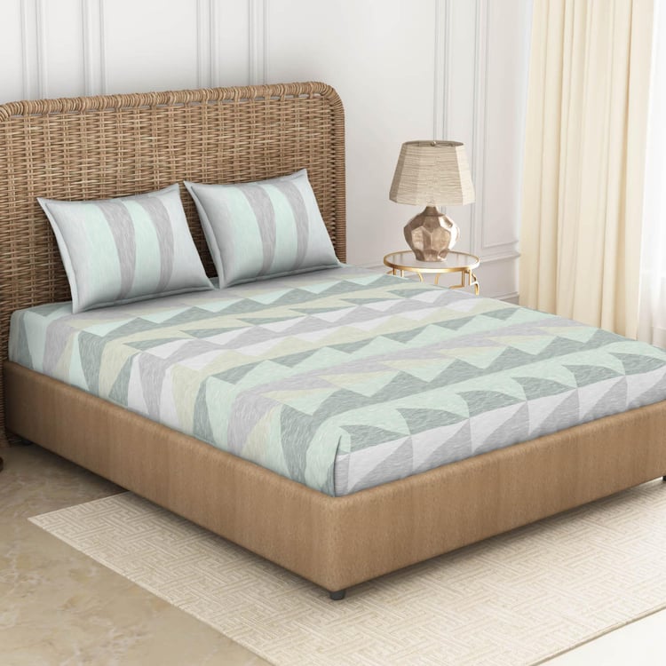 SPACES Geostance Multicolour Printed Cotton King Fitted Bedsheet Set - 183x198cm - 3Pcs