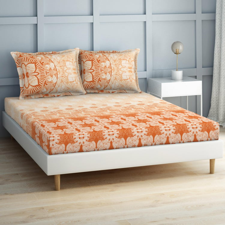 SPACES Occasions Orange Printed Cotton King Fitted Bedsheet Set - 183x198cm - 3Pcs