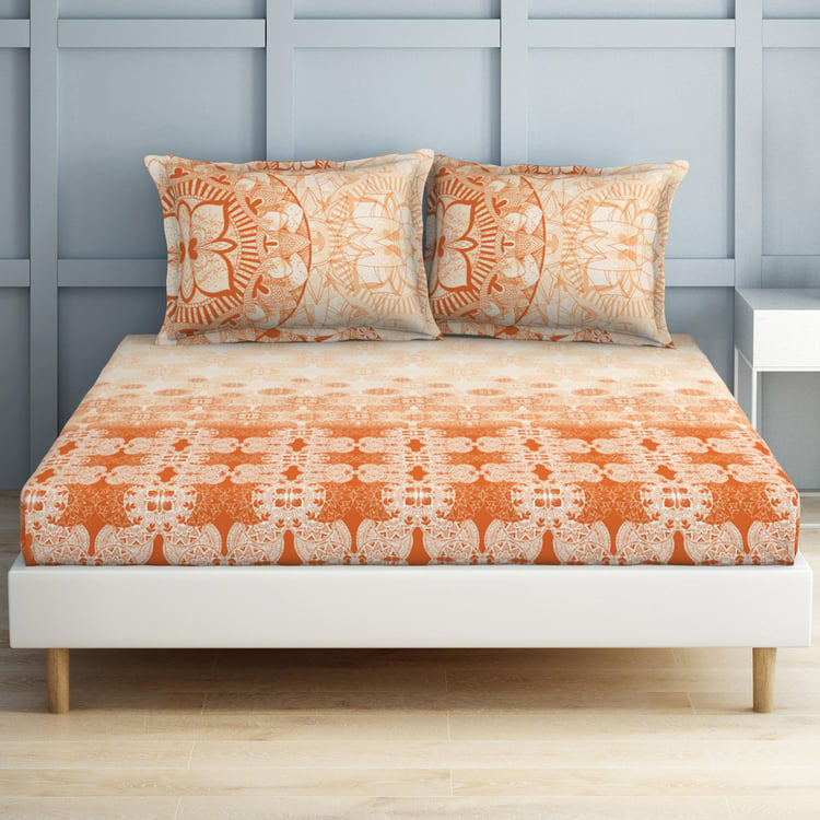 SPACES Occasions Orange Printed Cotton King Fitted Bedsheet Set - 183x198cm - 3Pcs