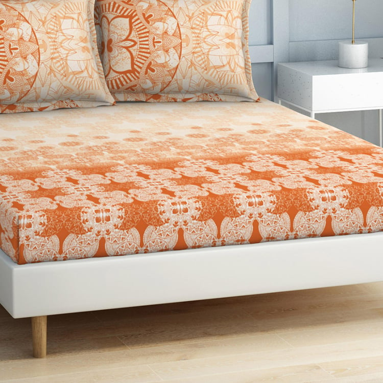 SPACES Occasions Orange Printed Cotton King Fitted Bedsheet Set - 183x198cm - 3Pcs