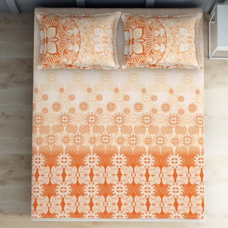 SPACES Occasions Orange Printed Cotton King Fitted Bedsheet Set - 183x198cm - 3Pcs