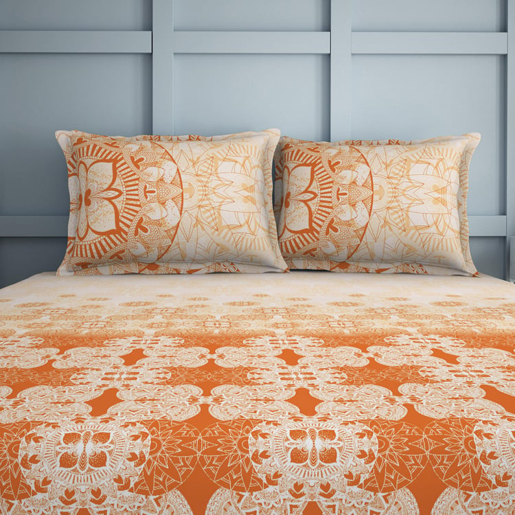 SPACES Occasions Orange Printed Cotton King Fitted Bedsheet Set - 183x198cm - 3Pcs