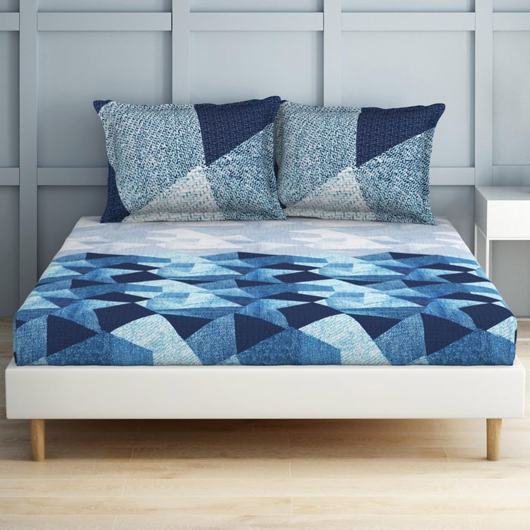 SPACES Occasions Blue Geometric Printed Cotton King Fitted Bedsheet Set - 183x198cm - 3Pcs