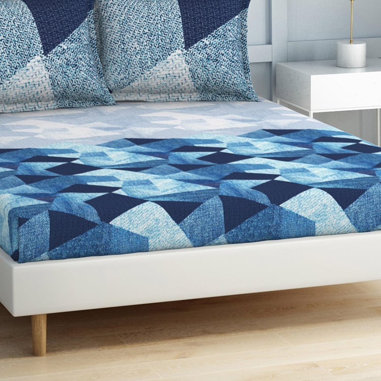 SPACES Occasions Blue Geometric Printed Cotton King Fitted Bedsheet Set - 183x198cm - 3Pcs