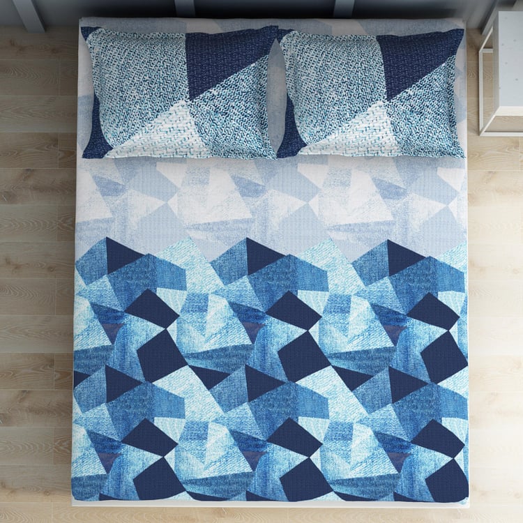 SPACES Occasions Blue Geometric Printed Cotton King Fitted Bedsheet Set - 183x198cm - 3Pcs