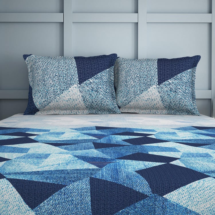 SPACES Occasions Blue Geometric Printed Cotton King Fitted Bedsheet Set - 183x198cm - 3Pcs