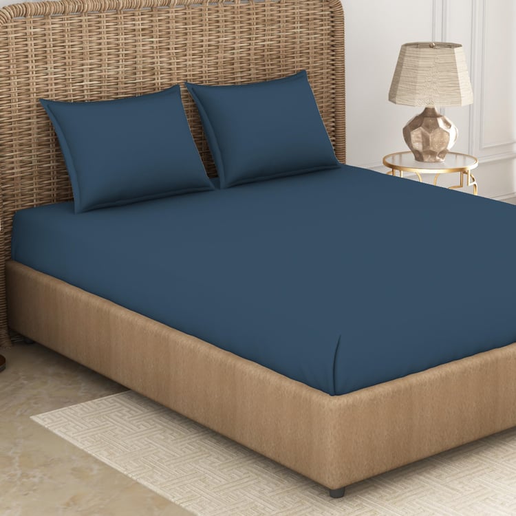 SPACES Essentials Blue Solid Cotton Super King Bedsheet Set - 274x274cm - 3Pcs