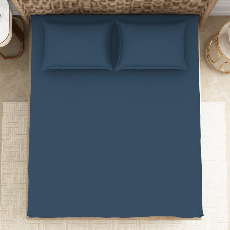 SPACES Essentials Blue Solid Cotton Super King Bedsheet Set - 274x274cm - 3Pcs