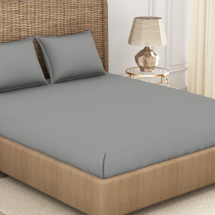 SPACES Essentials Grey Solid Cotton Super King Bedsheet Set - 274x274cm - 3Pcs