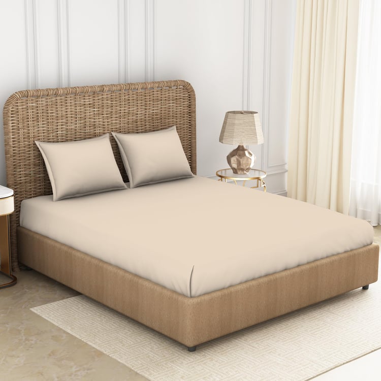 SPACES Essentials Beige Solid Cotton Super King Bedsheet Set - 274x274cm - 3Pcs