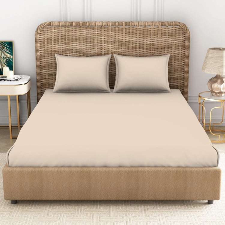 SPACES Essentials Beige Solid Cotton Super King Bedsheet Set - 274x274cm - 3Pcs