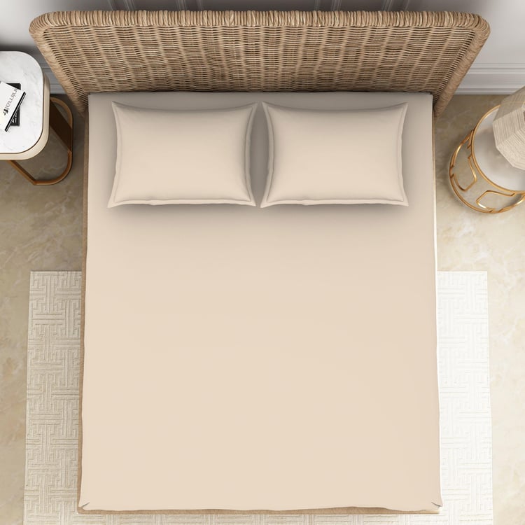 SPACES Essentials Beige Solid Cotton Super King Bedsheet Set - 274x274cm - 3Pcs
