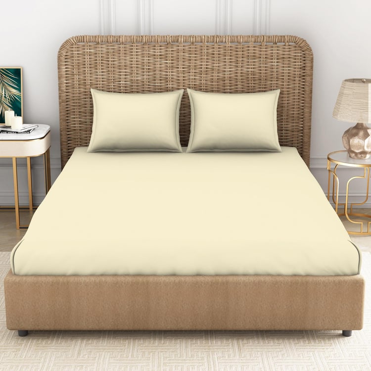 SPACES Essentials Beige Solid Cotton Super King Bedsheet Set - 274x274cm - 3Pcs