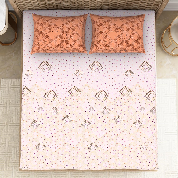 SPACES Geostance Pink Printed Cotton King Bedsheet Set - 224x274cm - 3 Pcs