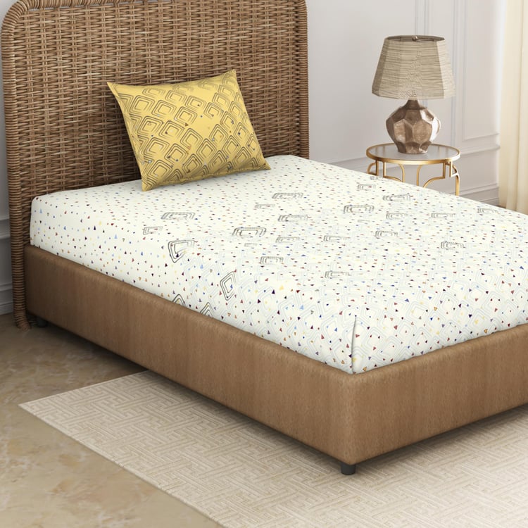 SPACES Geostance White Printed Cotton Single Bedsheet Set - 152x224cm - 2Pcs