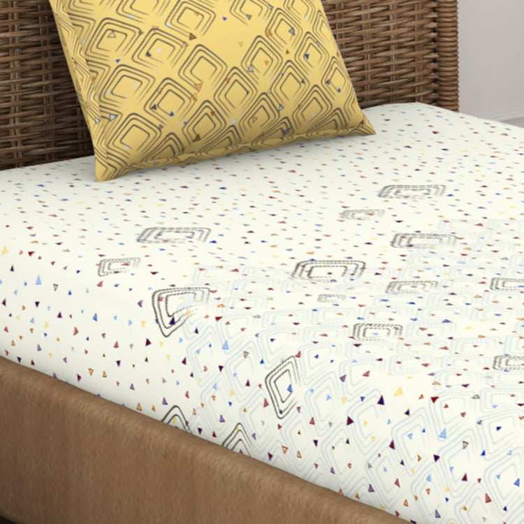 SPACES Geostance White Printed Cotton Single Bedsheet Set - 152x224cm - 2Pcs