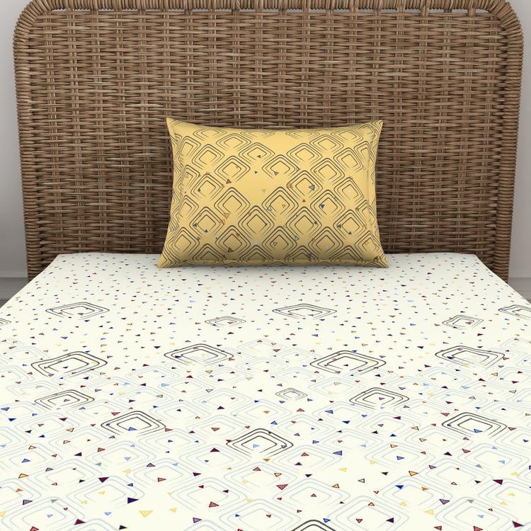 SPACES Geostance White Printed Cotton Single Bedsheet Set - 152x224cm - 2Pcs