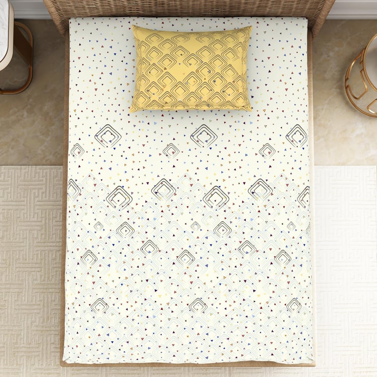 SPACES Geostance White Printed Cotton Single Bedsheet Set - 152x224cm - 2Pcs