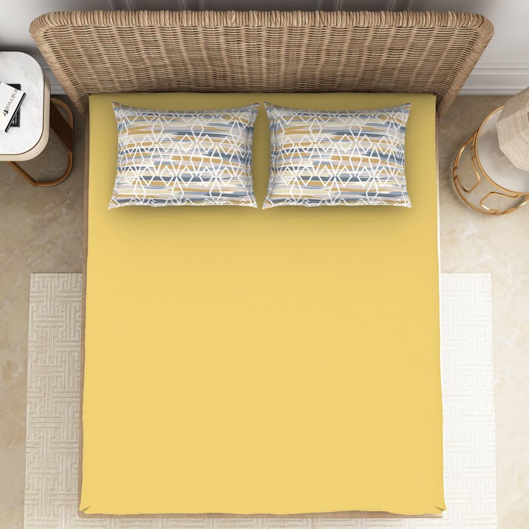 SPACES Essentials Yellow Printed Cotton Super King Bedsheet Set - 274x274cm - 3Pcs