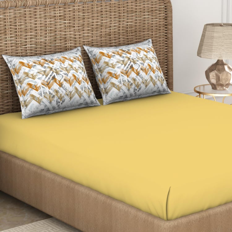 SPACES Geostance Yellow Solid Cotton Super Soft Queen Bedsheet Set - 224x274cm - 3Pcs