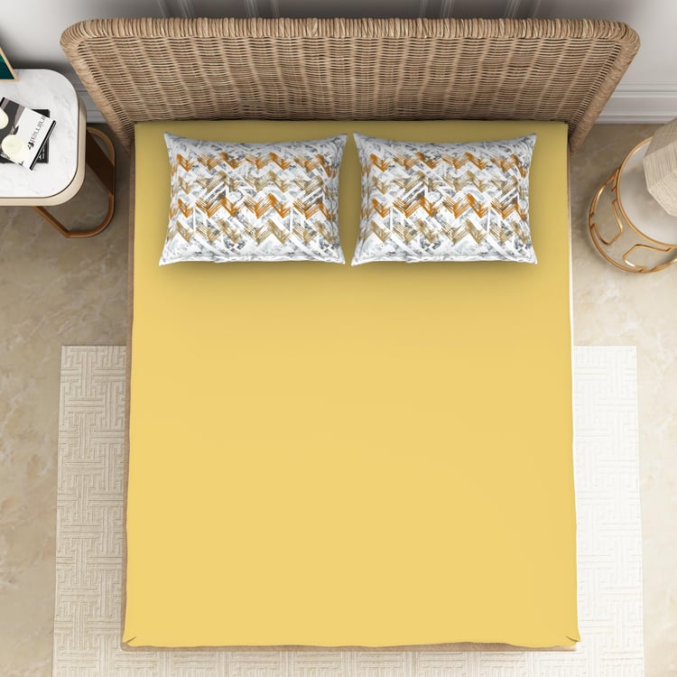 SPACES Geostance Yellow Solid Cotton Super Soft Queen Bedsheet Set - 224x274cm - 3Pcs