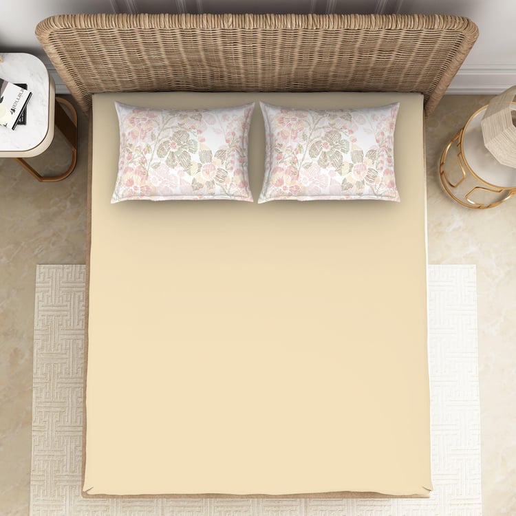 SPACES Bonica Beige Printed Cotton King Bedsheet Set - 274x224cm - 3Pcs