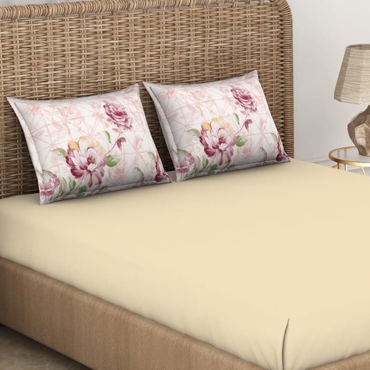 SPACES Bonica Beige Printed Cotton King Bedsheet Set - 224x274cm - 3Pcs