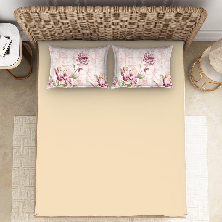 SPACES Bonica Beige Printed Cotton King Bedsheet Set - 224x274cm - 3Pcs