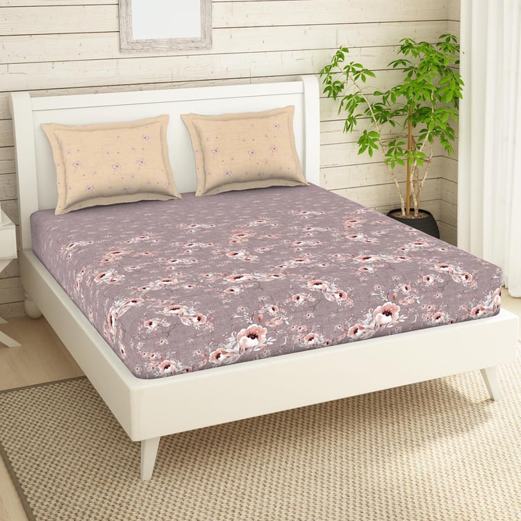 SPACES Essentials Mauve Floral Printed Cotton Super King Bedsheet Set - 274x274cm - 3Pcs