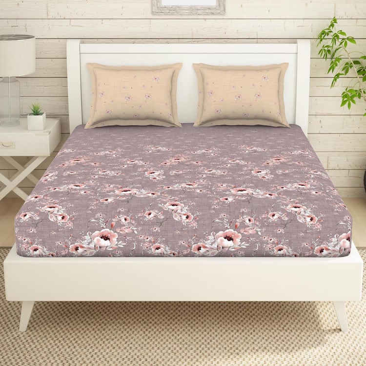 SPACES Essentials Mauve Floral Printed Cotton Super King Bedsheet Set - 274x274cm - 3Pcs