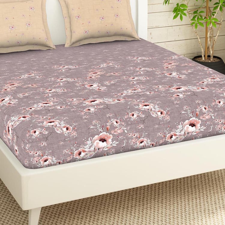 SPACES Essentials Mauve Floral Printed Cotton Super King Bedsheet Set - 274x274cm - 3Pcs