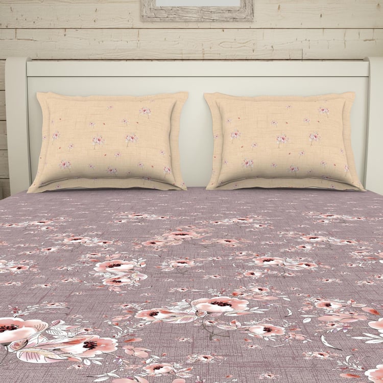 SPACES Essentials Mauve Floral Printed Cotton Super King Bedsheet Set - 274x274cm - 3Pcs