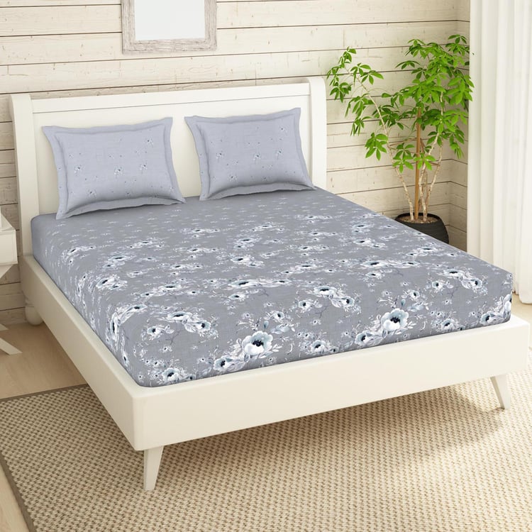 SPACES Essentials Grey Floral Printed Cotton Super King Bedsheet Set - 274x274cm - 3Pcs