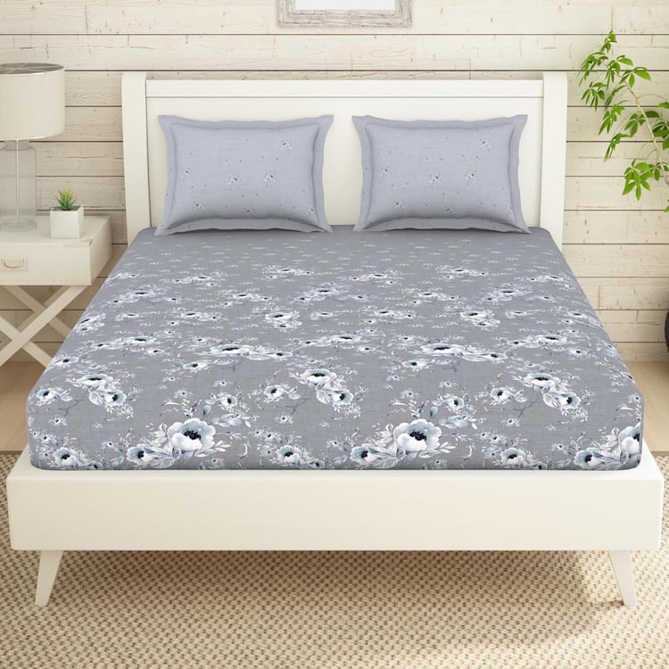 SPACES Essentials Grey Floral Printed Cotton Super King Bedsheet Set - 274x274cm - 3Pcs