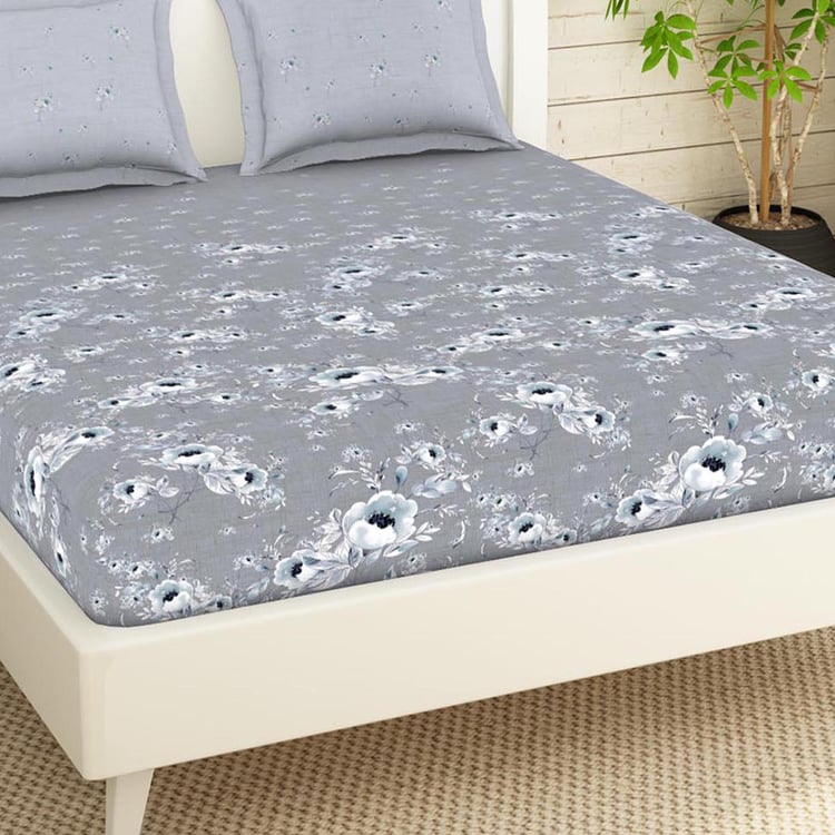 SPACES Essentials Grey Floral Printed Cotton Super King Bedsheet Set - 274x274cm - 3Pcs