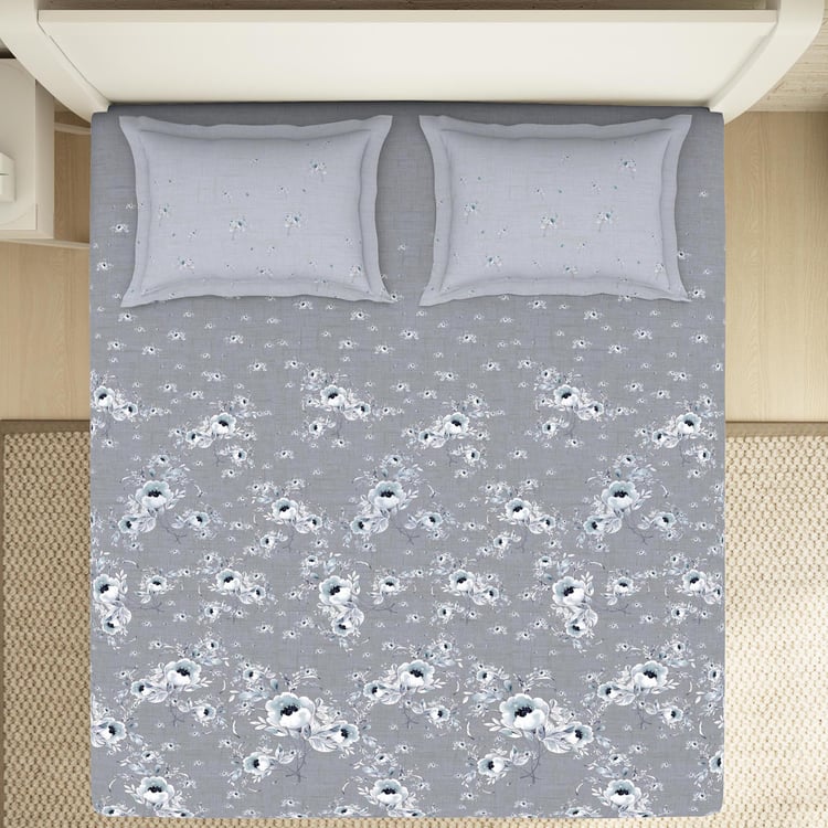 SPACES Essentials Grey Floral Printed Cotton Super King Bedsheet Set - 274x274cm - 3Pcs