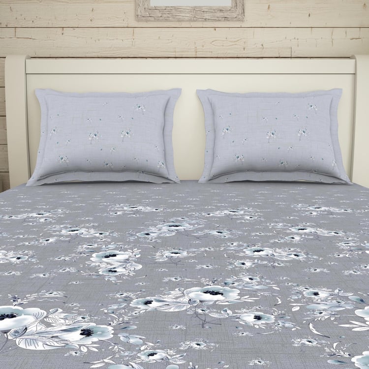 SPACES Essentials Grey Floral Printed Cotton Super King Bedsheet Set - 274x274cm - 3Pcs
