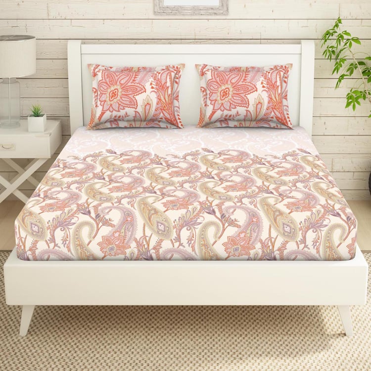 SPACES Essentials Blush Paisley Printed Cotton Super King Bedsheet Set - 274x274cm - 3Pcs