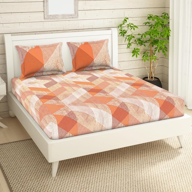 SPACES Essentials Orange Geometric Printed Cotton Super King Bedsheet Set - 274x274cm - 3Pcs