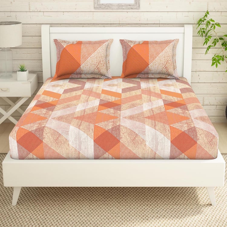 SPACES Essentials Orange Geometric Printed Cotton Super King Bedsheet Set - 274x274cm - 3Pcs