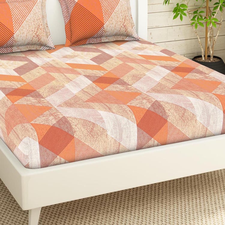 SPACES Essentials Orange Geometric Printed Cotton Super King Bedsheet Set - 274x274cm - 3Pcs