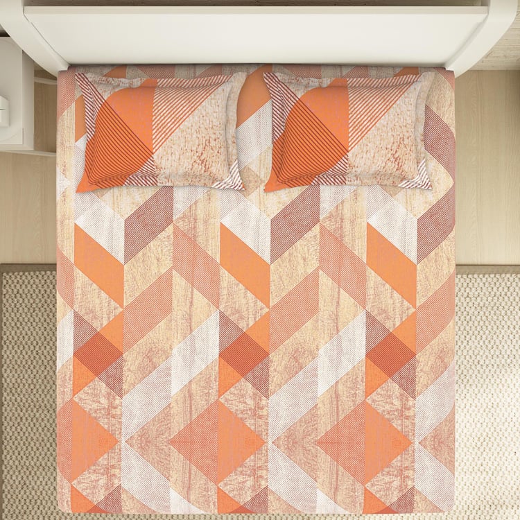 SPACES Essentials Orange Geometric Printed Cotton Super King Bedsheet Set - 274x274cm - 3Pcs