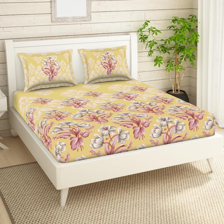 SPACES Essentials Yellow Floral Printed Cotton Super King Bedsheet Set - 274x274cm - 3Pcs