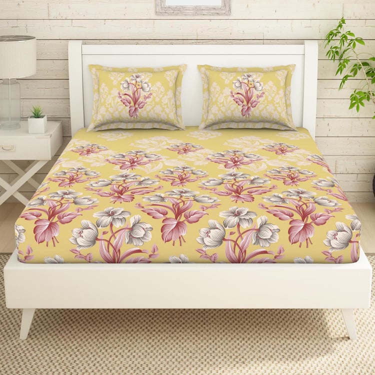 SPACES Essentials Yellow Floral Printed Cotton Super King Bedsheet Set - 274x274cm - 3Pcs