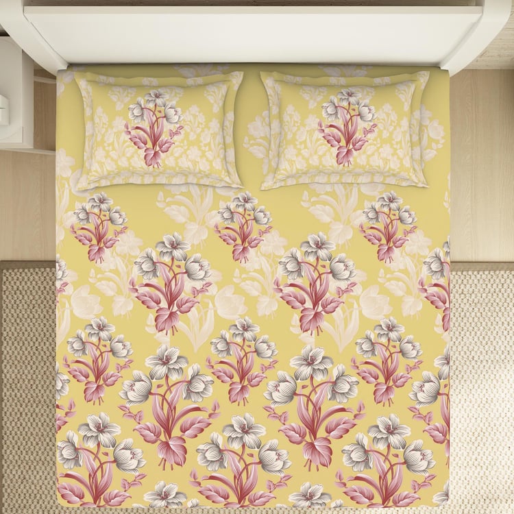 SPACES Essentials Yellow Floral Printed Cotton Super King Bedsheet Set - 274x274cm - 3Pcs